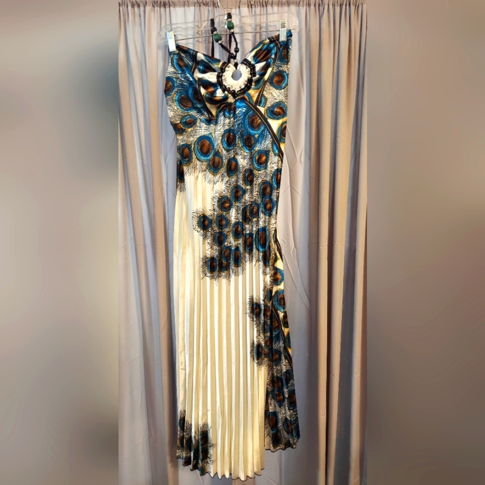 Shoreline Cream and Teal Peacock-Print Maxi Dress